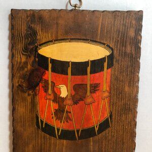 VINTAGE Decoupage? Painting? DRUM with EAGLE 14" x 11" Wood Wall Hanging #F76